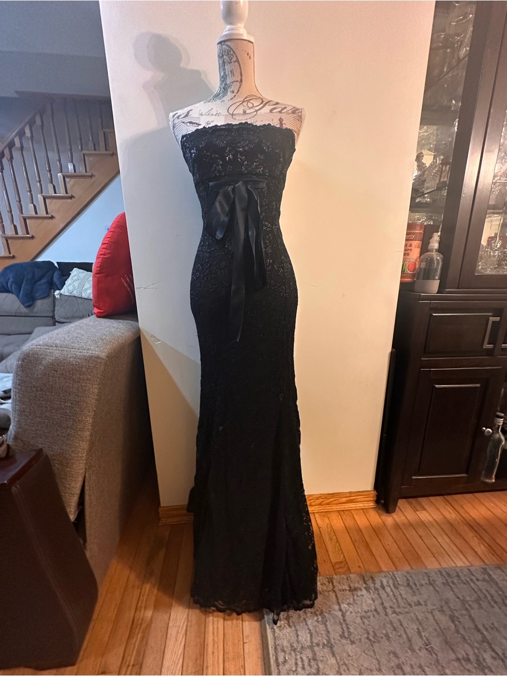 Charles Chang-Lima Strapless Black Lace Evening Dress with Satin Waist Bow